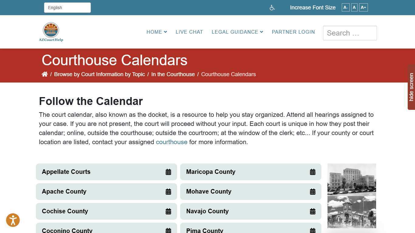 Online calendars (dockets) for Arizona courthouses, by county.